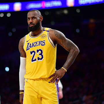 Apr 3, 2025; Los Angeles, California, USA; Los Angeles Lakers forward LeBron James (23) during the second half at Crypto.com Arena. Mandatory Credit: Gary A. Vasquez-Imagn Images