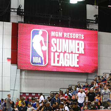 Jul 6, 2018; Las Vegas, NV, USA; Detailed view of a NBA Summer League logo in the Cox Pavilion during a Brooklyn Nets game against the Orlando Magic. Mandatory Credit: Mark J. Rebilas-Imagn Images