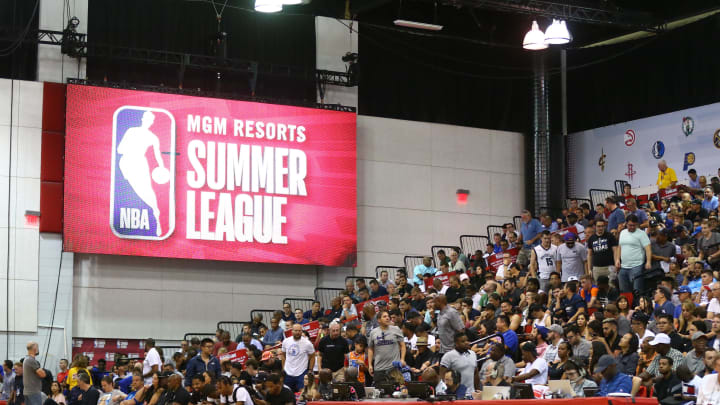 Jul 6, 2018; Las Vegas, NV, USA; Detailed view of a NBA Summer League logo in the Cox Pavilion during a Brooklyn Nets game against the Orlando Magic. Mandatory Credit: Mark J. Rebilas-USA TODAY Sports