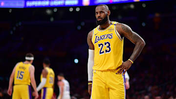 Apr 3, 2025; Los Angeles, California, USA; Los Angeles Lakers forward LeBron James (23) during the second half at Crypto.com Arena. Mandatory Credit: Gary A. Vasquez-Imagn Images