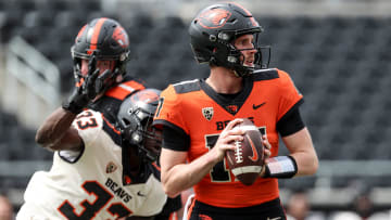 Oregon State quarterback Ben Gulbranson (17) looks to pass during the spring showcase at Reser Stadium, Saturday, April 22, 2023, in Corvallis, Ore.

Oregon State Spring Game805