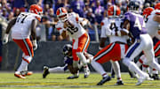 Sep 14, 2025; Baltimore, Maryland, USA; Cleveland Browns quarterback Joe Flacco (15) is pressured by Baltimore Ravens linebacker Mike Green (45) during the second quarter at M&T Bank Stadium. Mandatory Credit: Peter Casey-Imagn Images