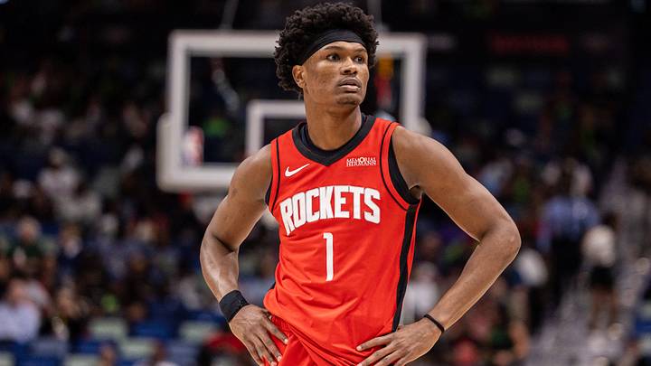 Mar 29, 2026; New Orleans, Louisiana, USA;  Houston Rockets guard/forward Amen Thompson (1) looks on against the New Orleans Pelicans during the first half at Smoothie King Center. Mandatory Credit: Stephen Lew-Imagn Images