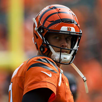 Sep 8, 2024; Cincinnati, Ohio, USA; Cincinnati Bengals quarterback Joe Burrow (9) stands on the field before the game against the New England Patriots at Paycor Stadium. Mandatory Credit: Katie Stratman-Imagn Images