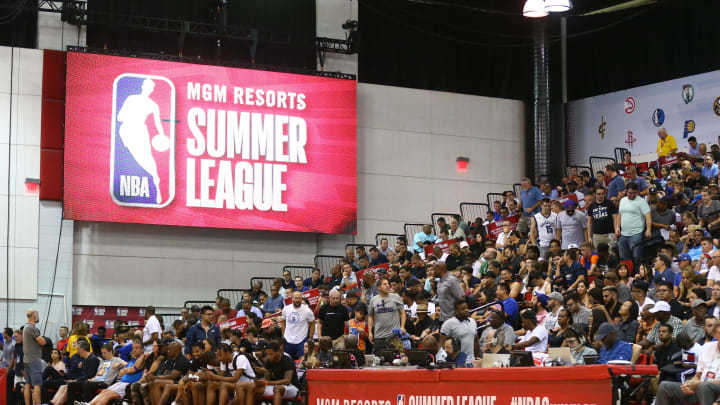 Jul 6, 2018; Las Vegas, NV, USA; Detailed view of a NBA Summer League logo in the Cox Pavilion during a Brooklyn Nets game against the Orlando Magic. Mandatory Credit: Mark J. Rebilas-USA TODAY Sports