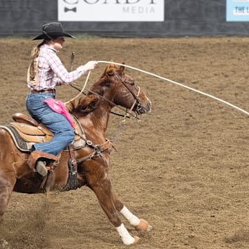 Layni Masters competes in the breakaway roping competition on Friday, Nov. 15, 2024 during the North America Championship Rodeo at Freedom Hall in Louisville, Ky.