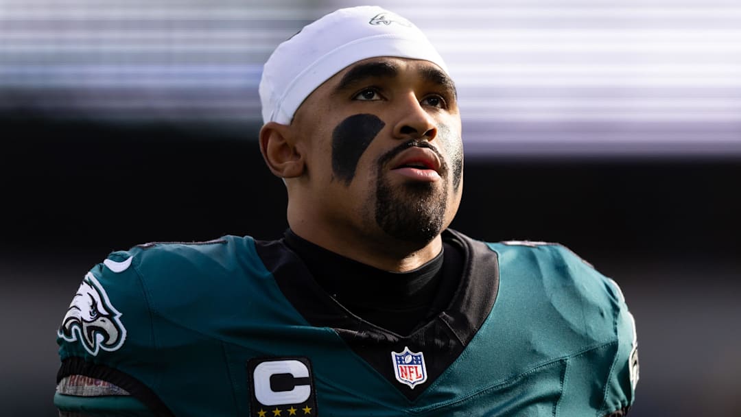 Dec 8, 2024; Philadelphia, Pennsylvania, USA;  Philadelphia Eagles quarterback Jalen Hurts (1) takes the field for action against the Carolina Panthers at Lincoln Financial Field. Mandatory Credit: Bill Streicher-Imagn Images