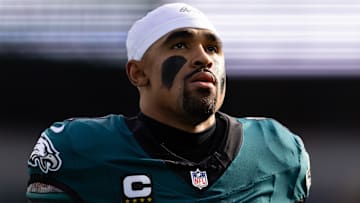 Dec 8, 2024; Philadelphia, Pennsylvania, USA;  Philadelphia Eagles quarterback Jalen Hurts (1) takes the field for action against the Carolina Panthers at Lincoln Financial Field. Mandatory Credit: Bill Streicher-Imagn Images
