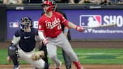 Cincinnati Reds third baseman Sal Stewart (43) watches his solo home run during the sixth inning of their game against the Milwaukee Brewers Saturday, September 27, 2025 at American Family Field in Milwaukee, Wisconsin.