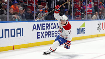 Mar 20, 2025; Elmont, New York, USA; Montreal Canadiens right wing Brendan Gallagher (11) celebrates his goal against the New York Islanders during the third period at UBS Arena. Mandatory Credit: Brad Penner-Imagn Images
