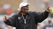 Oct 11, 2025; Boulder, Colorado, USA; Colorado Buffaloes head coach Deion Sanders before the game against the Iowa State Cyclones at Folsom Field. Mandatory Credit: Ron Chenoy-Imagn Images