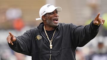 Oct 11, 2025; Boulder, Colorado, USA; Colorado Buffaloes head coach Deion Sanders before the game against the Iowa State Cyclones at Folsom Field. Mandatory Credit: Ron Chenoy-Imagn Images