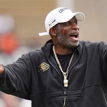 Oct 11, 2025; Boulder, Colorado, USA; Colorado Buffaloes head coach Deion Sanders before the game against the Iowa State Cyclones at Folsom Field. Mandatory Credit: Ron Chenoy-Imagn Images