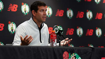 Oct 2, 2023; Boston, Celtics, USA; Boston Celtics president of basketball operations Brad Stevens talks during Boston Celtics Media Day. Mandatory Credit: David Butler II-Imagn Images