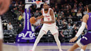 Dec 1, 2025; Salt Lake City, Utah, USA;  Houston Rockets forward Kevin Durant (7) looks to pass the ball during the second half against the Utah Jazz at Delta Center. Mandatory Credit: Chris Nicoll-Imagn Images
