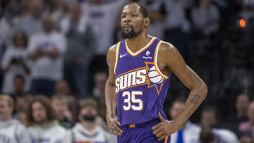 Apr 20, 2024; Minneapolis, Minnesota, USA; Phoenix Suns forward Kevin Durant (35) looks on against the Minnesota Timberwolves in the second half during game one of the first round for the 2024 NBA playoffs at Target Center. Mandatory Credit: Jesse Johnson-USA TODAY Sports