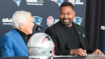 Jan 17, 2024; Foxborough, MA, USA; New England Patriots owner Robert Kraft  (left) announces the