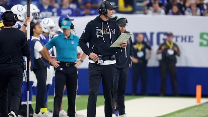 Oct 5, 2025; Indianapolis, Indiana, USA; Indianapolis Colts head coach Shane Steichen looks on against the Las Vegas Raiders during the second quarter at Lucas Oil Stadium. Mandatory Credit: Trevor Ruszkowski-Imagn Images Oct 5, 2025; Indianapolis, Indiana, USA; Indianapolis Colts head coach Shane Steichen looks on against the Las Vegas Raiders during the second quarter at Lucas Oil Stadium. Mandatory Credit: Trevor Ruszkowski-Imagn Images