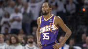 Phoenix Suns forward Kevin Durant (35) looks on against the Minnesota Timberwolves in the second half during game one of the first round for the 2024 NBA playoffs at Target Center.