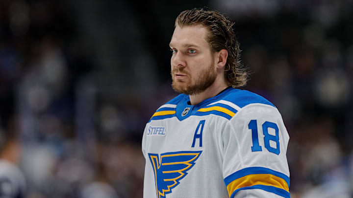 Dec 31, 2025; Denver, Colorado, USA; St. Louis Blues center Robert Thomas (18) before the game against the Colorado Avalanche at Ball Arena. Mandatory Credit: Isaiah J. Downing-Imagn Images