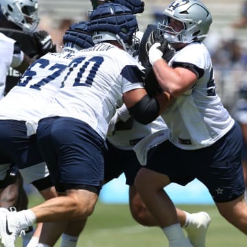 Jul 26, 2024; Oxnard, CA, USA; Dallas Cowboys guards Zack Martin (70) and Cooper Beebe (56) block during training camp at the River Ridge Playing Fields in Oxnard, California.