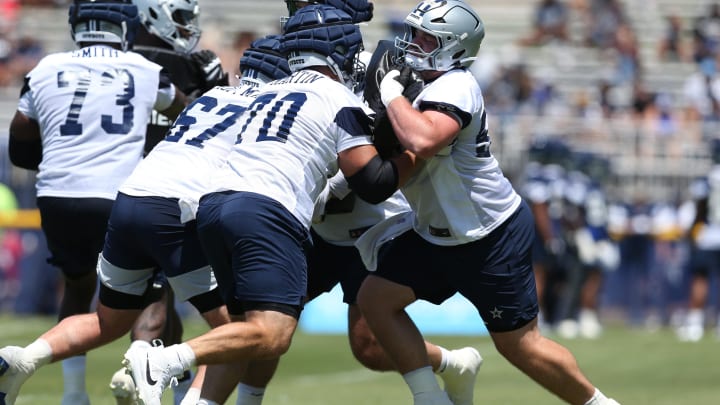 Jul 26, 2024; Oxnard, CA, USA; Dallas Cowboys guards Zack Martin (70) and Cooper Beebe (56) block during training camp at the River Ridge Playing Fields in Oxnard, California.