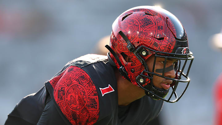 Oct 5, 2024; San Diego, California, USA; San Diego State Aztecs cornerback Chris Johnson (1) warms up against the Hawaii Rainbow Warriors before the game at Snapdragon Stadium.