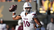 Sep 6, 2025; Berkeley, California, USA; Texas Southern Tigers quarterback KJ Cooper (10) throws a pass against the California Golden Bears during the fourth quarter at California Memorial Stadium. Mandatory Credit: Darren Yamashita-Imagn Images