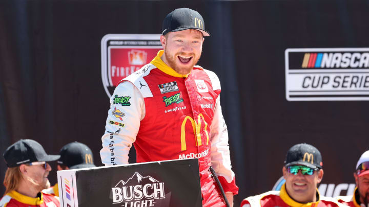 Aug 19, 2024; Brooklyn, Michigan, USA; NASCAR Cup Series driver Tyler Reddick (45) reacts after winning the Fire Keepers 400 at Michigan International Speedway. Photo Credit