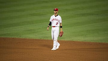 Sep 4, 2020; Anaheim, California, USA; Los Angeles Angels shortstop Andrelton Simmons (2) smiles