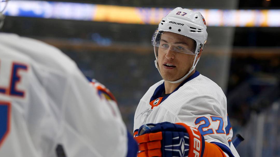 Sep 29, 2017; Buffalo, NY, USA; New York Islanders center Anders Lee (27) celebrates his goal during the first period against the Buffalo Sabres at KeyBank Center. Mandatory Credit: Timothy T. Ludwig-USA TODAY Sports