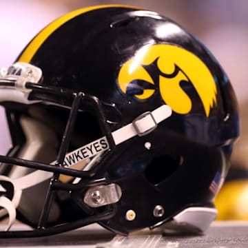 Dec 5, 2015; Indianapolis, IN, USA; A Iowa Hawkeyes helmet sits on the side line during the the Big Ten Conference football championship game between the Iowa Hawkeyes and the Michigan State Spartans at Lucas Oil Stadium. Mandatory Credit: Aaron Doster-Imagn Images