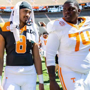 Tennessee quarterback Nico Iamaleava (8) and Tennessee offensive lineman John Campbell Jr. (74) after Tennessee's Orange & White spring football game at Neyland Stadium on Saturday, April 13, 2024.