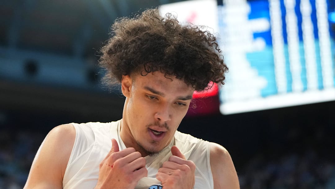 Feb 14, 2026; Chapel Hill, North Carolina, USA; North Carolina Tar Heels forward Zayden High (1) reacts in the first half at Dean E. Smith Center. Mandatory Credit: Bob Donnan-Imagn Images