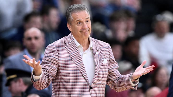 Mar 22, 2025; Providence, RI, USA; Arkansas Razorbacks head coach John Calipari during the first half of a second round men’s NCAA Tournament game against the St. John's Red Storm at Amica Mutual Pavilion. Mandatory Credit: Brian Fluharty-Imagn Images