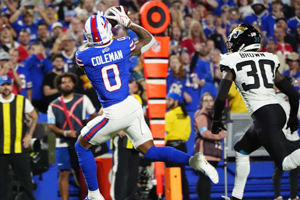 Buffalo Bills wide receiver Keon Coleman makes a catch and scores a touchdown against the Jacksonville Jaguars.