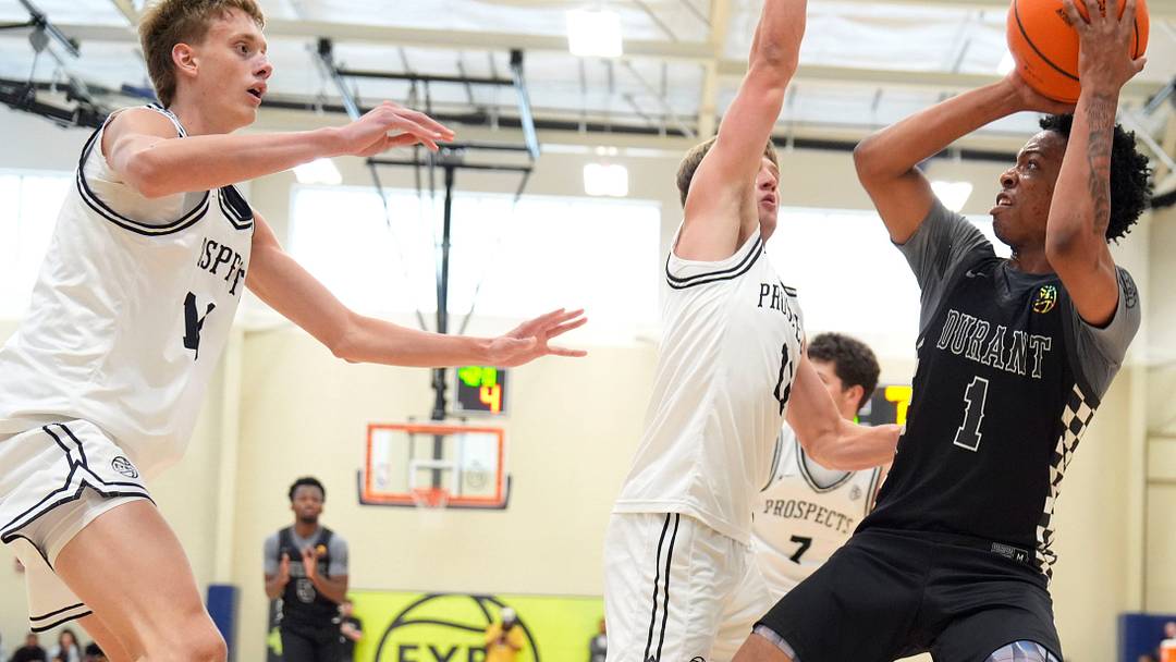 Team Durant Anthony Brown Jr. (1) looks to the basket during the Team Durant and Utah Prospects game at the Nike EYBL Peach Jam at Riverview Park Activities Center. Team Durant won 82-74.