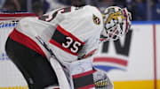 Apr 20, 2025; Toronto, Ontario, CAN; Ottawa Senators goaltender Linus Ullmark (35) during a break in the action against the Toronto Maple Leafs during the third period of game one of the first round of the 2025 Stanley Cup Playoffs at Scotiabank Arena. Mandatory Credit: John E. Sokolowski-Imagn Images