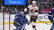 Apr 20, 2025; Toronto, Ontario, CAN; Toronto Maple Leafs goaltender Anthony Stolarz (41) looks for the puck around Ottawa Senators forward Brady Tkachuk (7) during the second period of game one of the first round of the 2025 Stanley Cup Playoffs at Scotiabank Arena. Mandatory Credit: John E. Sokolowski-Imagn Images
