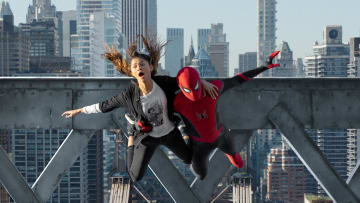 MJ (Zendaya) and Spider-Man jump off the bridge iin Columbia Pictures' SPIDER-MAN: NO WAY HOME. Courtesy of Sony Pictures. ©2021 CTMG. All Rights Reserved. MARVEL and all related character names: © & ™ 2021 MARVEL