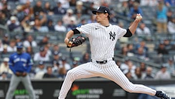 Apr 27, 2025; Bronx, New York, USA;  New York Yankees starting pitcher Max Fried (54) delivers a pitch during the first inning against the Toronto Blue Jays at Yankee Stadium. Mandatory Credit: Vincent Carchietta-Imagn Images