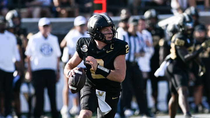 Diego Pavia #2 of the Vanderbilt Commodores looks to pass the ball in the first half against the Alabama Crimson Tide at FirstBank Stadium on October 5, 2024 in Nashville, Tennessee.