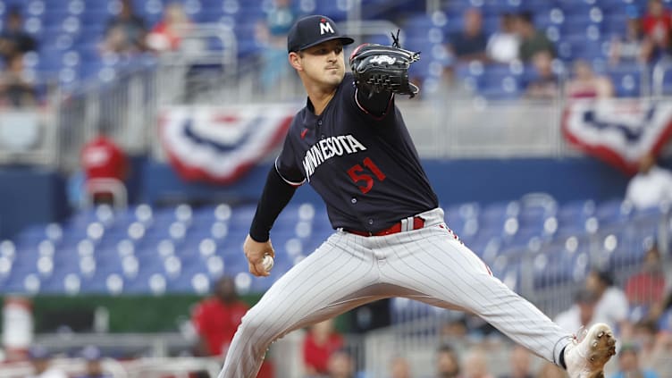 Apr 3, 2023; Miami, Florida, USA;  Minnesota Twins starting pitcher Tyler Mahle (51) pitches against