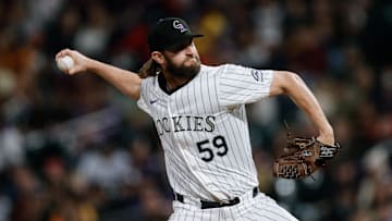 May 10, 2024; Denver, Colorado, USA; Colorado Rockies relief pitcher Jake Bird (59) pitches in the eighth inning against the Texas Rangers at Coors Field. 