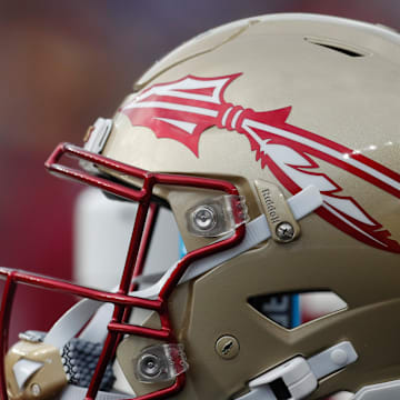 Nov 4, 2023; Pittsburgh, Pennsylvania, USA;  A Florida State Seminoles helmet on the sidelines against the Pittsburgh Panthers during the second quarter at Acrisure Stadium. Mandatory Credit: Charles LeClaire-Imagn Images