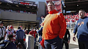 Oct 1, 2022; Madison, Wisconsin, USA;  Illinois Fighting Illini head coach Bret Bielema stands outside the team tunnel prior to the game against the Wisconsin Badgers at Camp Randall Stadium. Mandatory Credit: Jeff Hanisch-Imagn Images
