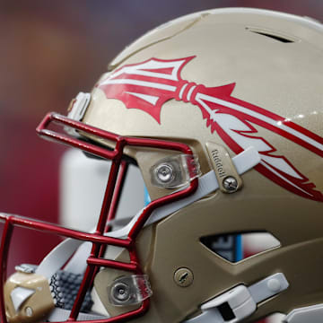 Nov 4, 2023; Pittsburgh, Pennsylvania, USA;  A Florida State Seminoles helmet on the sidelines against the Pittsburgh Panthers during the second quarter at Acrisure Stadium. Mandatory Credit: Charles LeClaire-Imagn Images