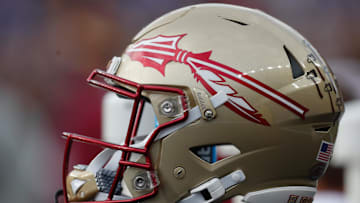 Nov 4, 2023; Pittsburgh, Pennsylvania, USA;  A Florida State Seminoles helmet on the sidelines against the Pittsburgh Panthers during the second quarter at Acrisure Stadium. Mandatory Credit: Charles LeClaire-Imagn Images