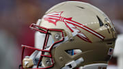 Nov 4, 2023; Pittsburgh, Pennsylvania, USA;  A Florida State Seminoles helmet on the sidelines against the Pittsburgh Panthers during the second quarter at Acrisure Stadium. Mandatory Credit: Charles LeClaire-Imagn Images