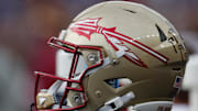 Nov 4, 2023; Pittsburgh, Pennsylvania, USA;  A Florida State Seminoles helmet on the sidelines against the Pittsburgh Panthers during the second quarter at Acrisure Stadium. Mandatory Credit: Charles LeClaire-Imagn Images